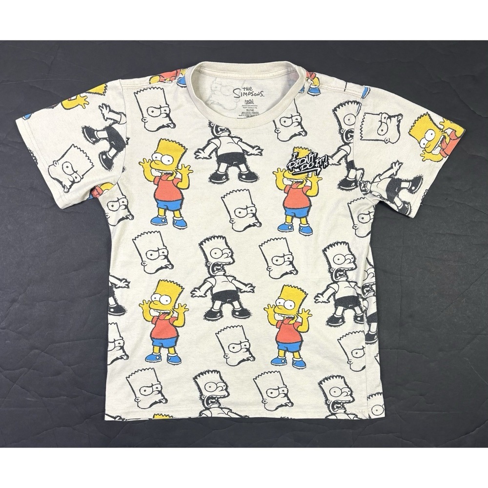 Bart Simpsons T-Shirt Youth XL (16) Patch I Didn't Do It Beige All Over Graphic